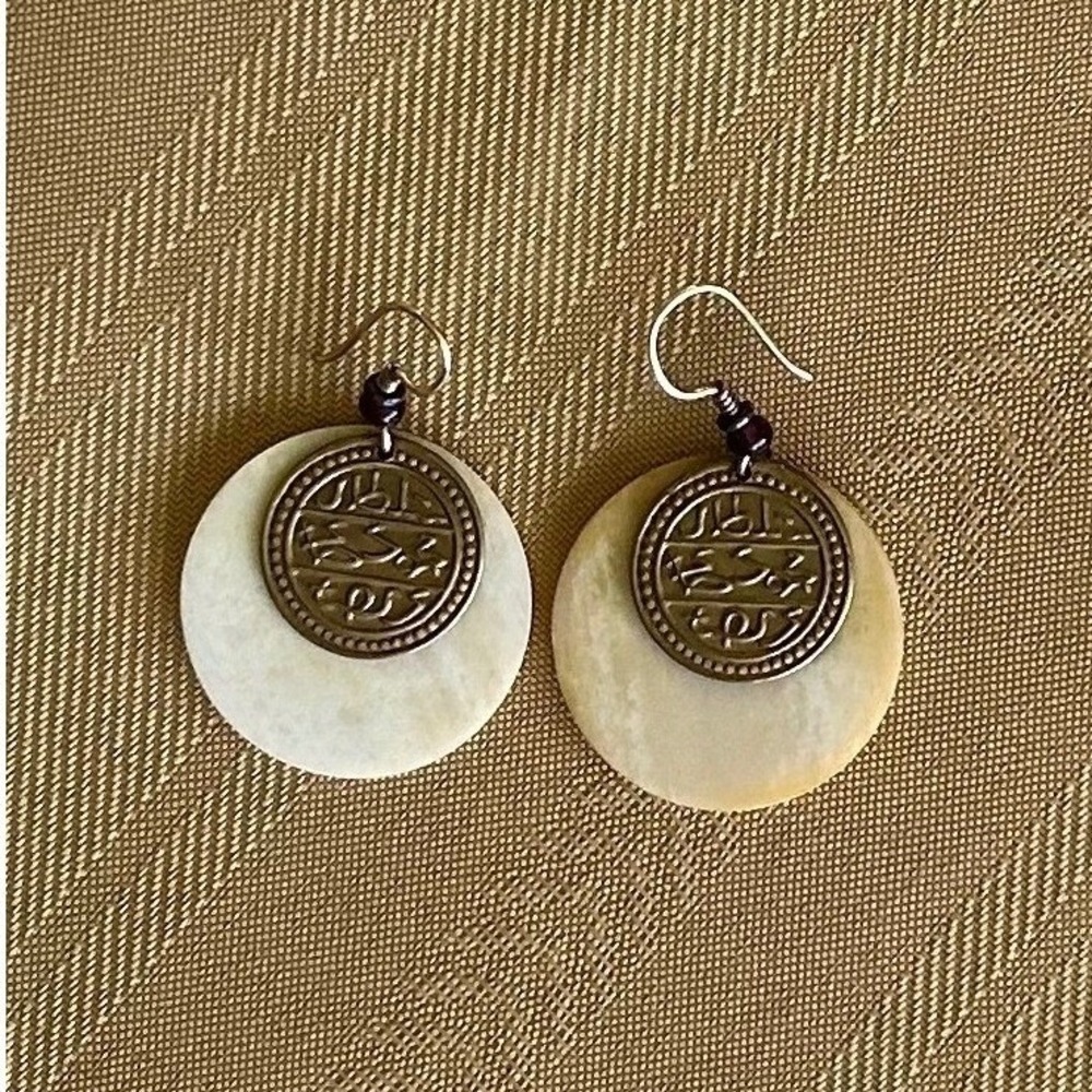 Laurel Burch Vintage Bone Bronze Tone Coin Dangle Earrings Art Deco Beaded Boho